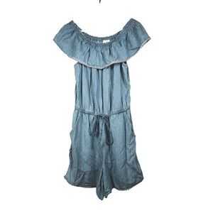 Jean Denim Romper Shorts Sz S Drawstring Pockets Sleeveless
